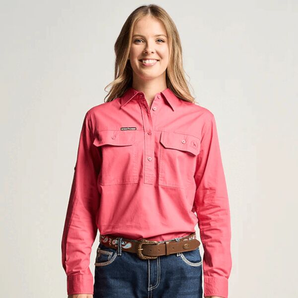 SOMERSET | Womens Half Button Long Sleeve Work Shirt - Hibiscus Pink Thumbnail